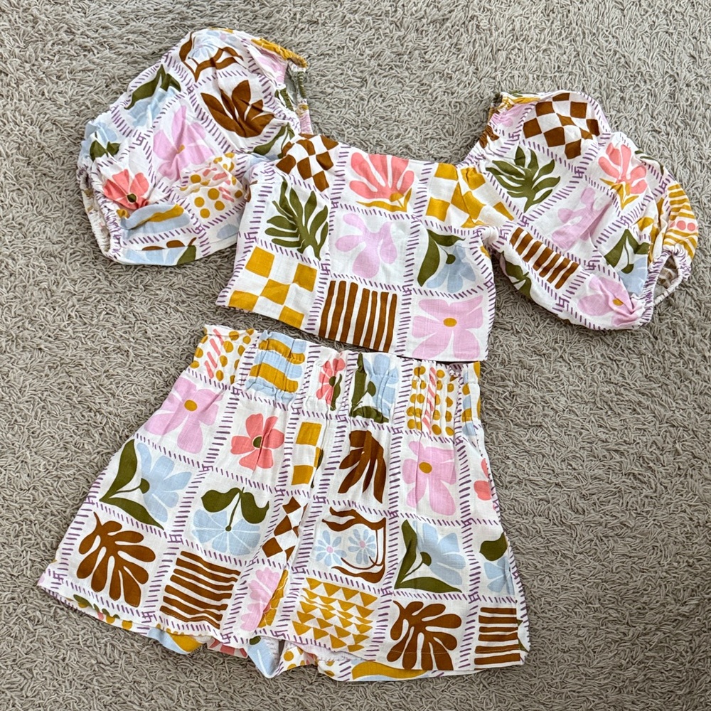 Floral Pattern Linen Blend Puff Sleeve Shorts Set